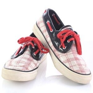 Sperry Pink Plaid Canvas Loafers with Black Patent Trim and Red Laces